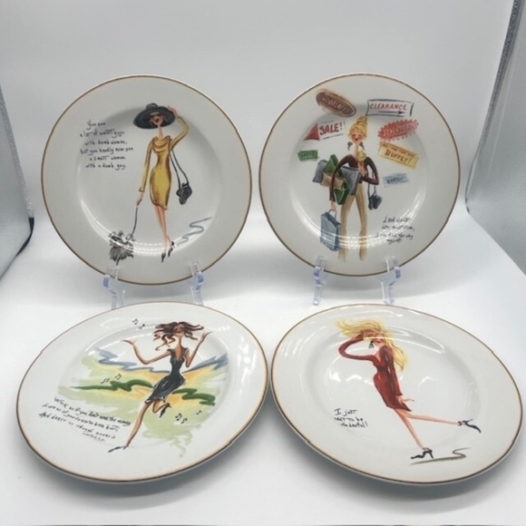 Sakura Glamour Girls Salad/Dessert Plates Set of 4 Whimsey Fashionista Sayings - Picture 1 of 6
